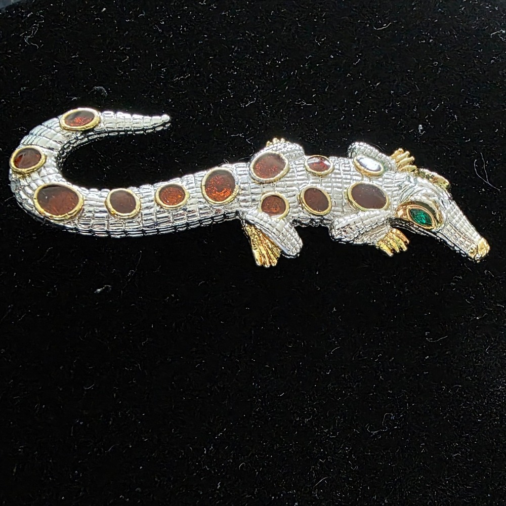 Whimsical Alligator Brooch Pin Silver Tone Green Eye Amber Stones Gold Accents
